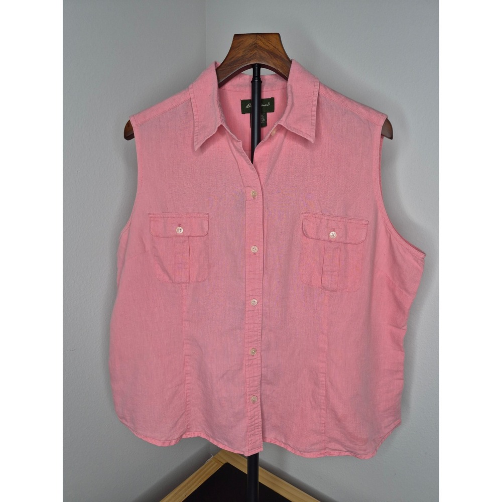 Eddie Bauer Pink Linen Blend Sleeveless Button Down Shirt XL Pockets Coastal